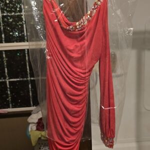 City Triangles One Shoulder Red Dress with Embellished Neckline